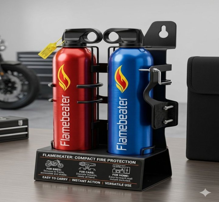 Flamebeater Compact Fire Extinguisher for Car, Bike & Home - Portable Mini Fire Stop Spray - Emergency Safety Kit for Kitchen & Motorcycle - Red/Blue