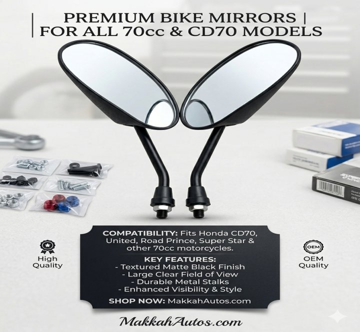  Motorcycle Side Mirrors Set for All 70cc Bikes (Honda CD 70, United, Road Prince) 